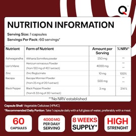 Organic Lions Mane and Ashwagandha KSM-66 Capsules, High Strength 4000mg Lions Mane Mushroom Extract and Ashwaghandha Root Extract, Supplement for Natural Calm & Stress Support, 1-a-Day - 60 Capsules