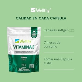 Wellthy Vitamina E 200 Cápsulas. 200mg de Vitamina E por porción, solo una Cápsulas al día, 200 porciones por envase para casi 7 meses de consumo. Bot