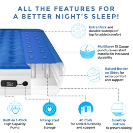 SoundAsleep Products Dream Series Luxury Air Mattress, ComfortCoil Technology, Built-in High Capacity Pump for Home, Camping- Double Height, Adjustable, Inflatable Blow Up, Portable (Queen Size)