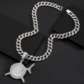 EDINGM Cuban Link Chain for Men, Miami Mens Silver Gold Plated Bling Necklace Diamond Iced Out Hip Hop Jewelry (Silver Chain+Shark Pendant)