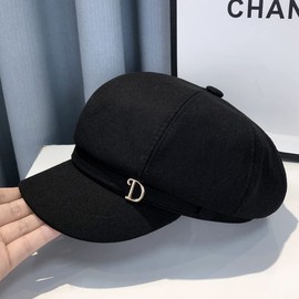 Weuiean BLD-016 Newsboy Hat, Cap, Women's, Hunting Hat, With Brim, UV Protection, Cold Protection, Small Face Effect, Fall & Winter, D Letter Decoration, Cute, Stylish,, Black