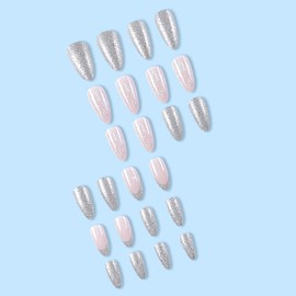 Christmas Press on Nails Medium Length, Artificial Fake Nails with Snowflake Design Full Cover Reusable Coffin Glossy False Nails, Silver Almond Shaped Acrylic Nails, Glue on Nails for Women Set 24Pcs