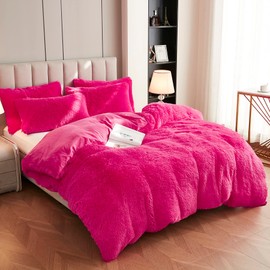 Uhamho Luxury Fluffy 1PC Solid Duvet Cover Faux Fur Plush Shaggy Quilt Cover Velvet Bedspread Zipper Closure, No Pillow Sham, No Comforter (Hot Pink, Twin)