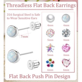 Staligue 8 Pairs Flat Back Threadless Earrings – Hypoallergenic Titanium Surgical Steel Opal Pearl CZ Heart Flower Studs for Women & Men (Silvery)