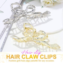 Fashey Bow Hair Claw Clips Gold Metal Claw Clip 2 Pcs Large Bowknot Hair Jaw Clips Hair Accessories for Women