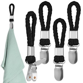 Giantree Pack of 4 Towel Clips for Hanging, Towel Hanger, Towel Hanger, Without Sewing Hooks, for Towels, Towel Clips with Loops, Tea Towels Holder for Kitchen, Bathroom, Balcony (Black)