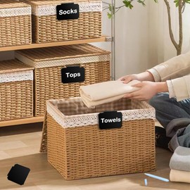 Basket Labels Clip Set - 12 Removable PVC Bin Label Holders with 2 Chalk Markers - Kitchen Clip Labels for Storage Baskets, Boxes, and Containers