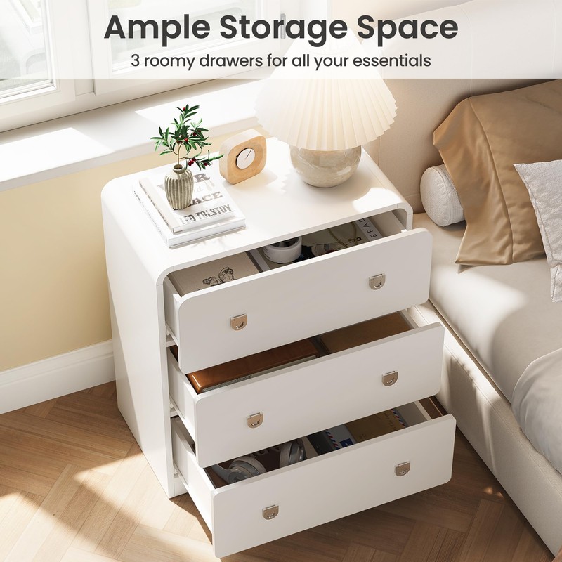 RoyalCraft White 3 Drawer Nightstand, Modern Painted Bedside Table with