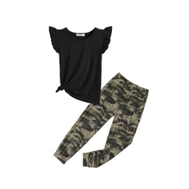 Arshiner Girls 2 Piece Outfits Sleeveless Ruffle Trim Tank Top and High Waist Print Pants Set Summer Clothes with Pockets