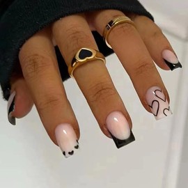 Goiern 24pcs French Tip Press On Nails Short Square Fake Nails Short Black Acrylic Nails with White Heart Design Stick to Nails Artificial Full CEver High Gloss Glue