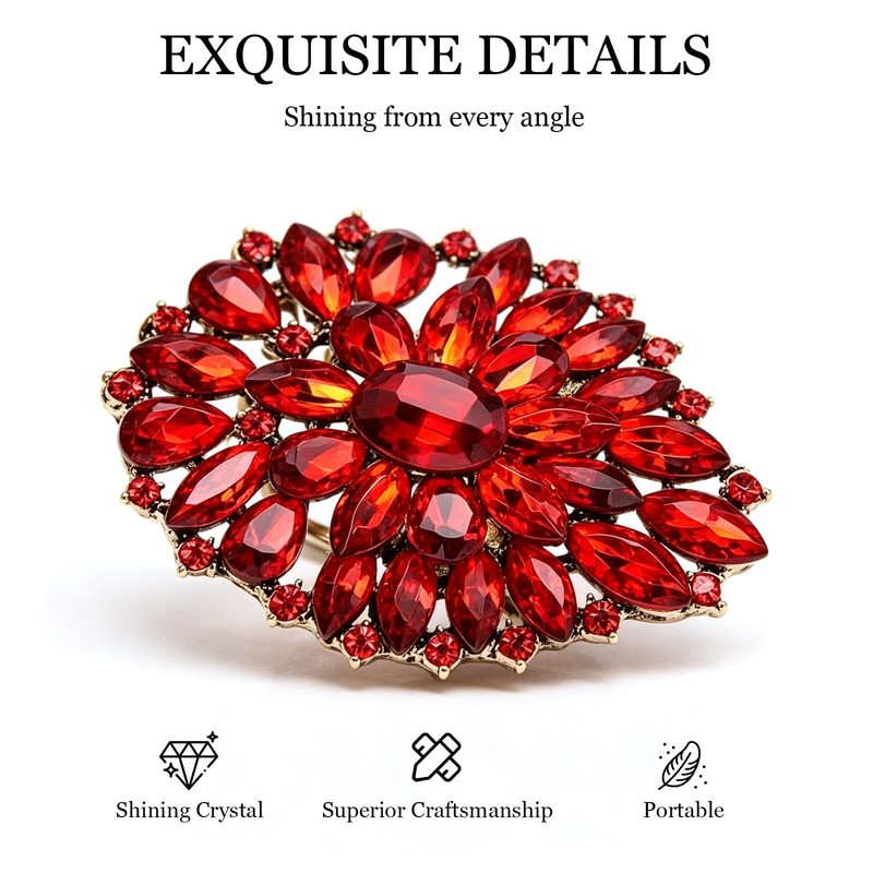 Red Brooch for Women Vintage Rhinestone Large Statement Brooch Pin