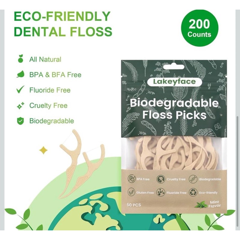 200 Count 4 Packs Biodegradable Dental Floss Picks, Eco-Friendly Plant-Based