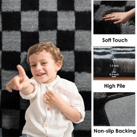 KICMOR 6x9 Area Rugs for Living Room, Large Fluffy Soft Black and Grey Checkered Big Fuzzy Shag Shaggy Bedroom Carpet, Indoor Plush Rug for Kids Boys Girls Room Dorm Nursery Home Decor Aesthetic