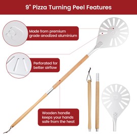 ROCKSHEAT Pizza Turning Peel, 9" Perforated Anodized Aluminum Round Pizza Peel Turner with Wood Handle, 2 Sizes in 1 Non Stick Spatula for Homemade Bread Outdoor Pizza Oven Accessories