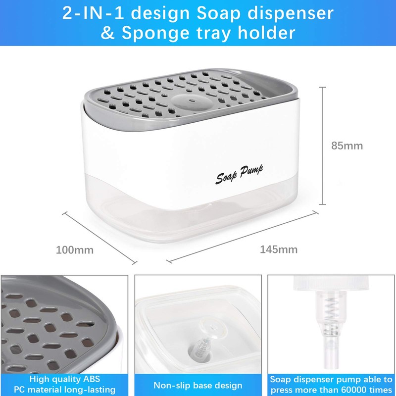 Kitchen Dish Soap Dispenser with Sponge Holder, 2-in-1 Countertop Soap