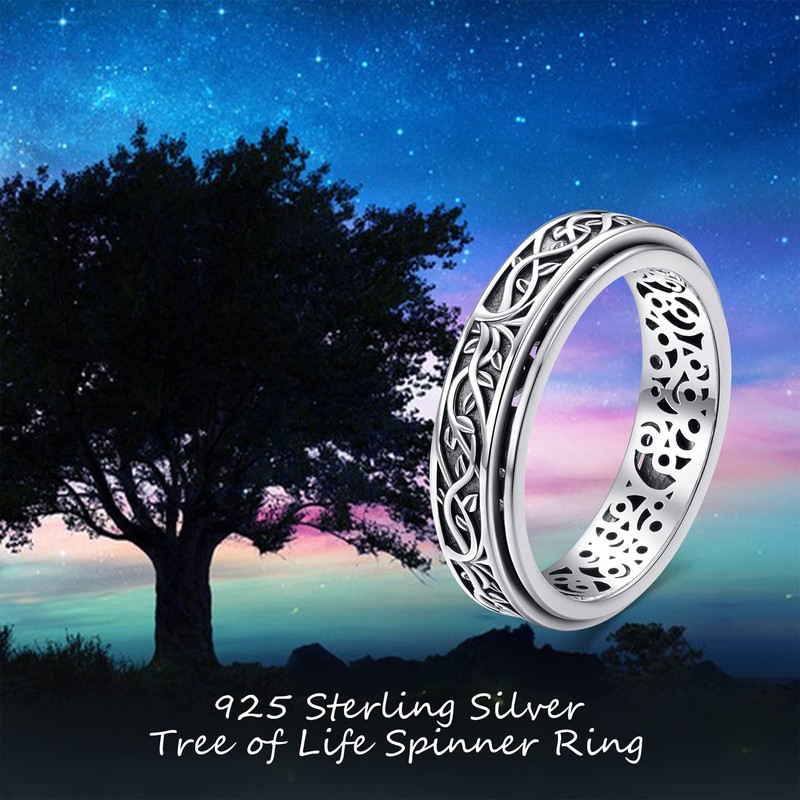 YAFEINI Tree of Life Fidget Ring Sterling Silver Tree of