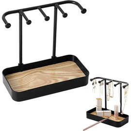 Cozellos Hanging Organizer-5 Hooks Jewelry Organizer Stand, Box Display with Jewelry Tray Base for Necklace, Bracelets, Earrings, Ring, Keys, Watches (Black)