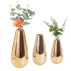 Nattol Wall Mount Metallic Gold Flower Vase, Ceramic Hanging Planter with Teardrop Shape, Set of 3 Contemporary Oval Plant Pots