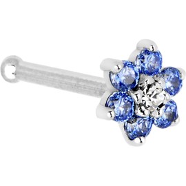 Solid 14k White Gold Arctic Blue and Clear Cubic Zirconia Flower Nose Stud Bone 18 Gauge