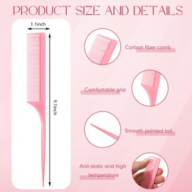 Set of 3 Rat Tail Combs - Heat Resistant Carbon Fiber Teasing Combs with Stainless Steel Pintail (Pink)