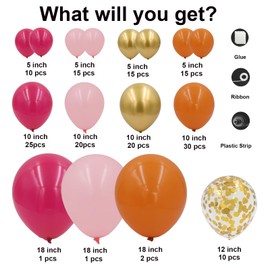 Pink and Orange Balloons Arch Kit - 164pcs Hot Pink and Orange Metallic Gold Confetti Balloons in Different Size 18 12 10 5inch for Summer Tropical Birthday Sunset Party Graduation Decorations