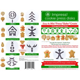 Impress Cookie Press Disks – Gingerbread Set of 8, Food Safe Plastic Shapes with Gingerbread Boy & Girl, & More, Fits Many Manual Models - See Disk Sizing Image to ensure fit with your press