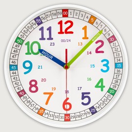 ITOOZYNN Silent Kids Wall Clock,Telling Time Teaching Clock for Kids, 10 Inch Non-Ticking Battery Operated Colorful Clock for Kids Room,Play Room,School Classroom. (White, 10 Inch)