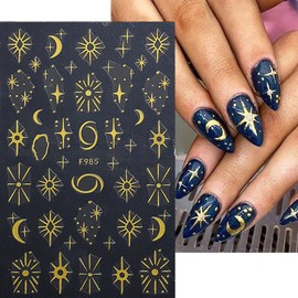 8 Sheets Star Moon Nail Art Stickers Decals 3D Self-Adhesive Nail Art Supplies Sun Stars Moon Space Retro Bronzing Nail Art Design Gold Laser Decals for Women Girls Manicure DIY Decoration Accessories