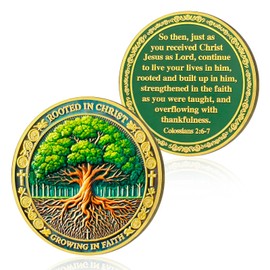 Growing in Faith Christian Challenge Coins Rooted in Christ Jesus Bible Coin Colossians 2:6-7 Jesus God Christian Prayer Token Art Pocket Bible Verses Jesus Religious Gifts for Men & Women