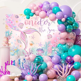 Mocsicka Oneder The Sea 1st Birthday Backdrop 7x5ft Pink Mermaid Under The Sea Happy First Birthday Party Decorations for Girls Starfish Shell Seaweed Photography Background