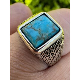 HarlemBling Blue Turquoise Mens Real Solid 925 Silver Navajo Native American Inspired Ring - 8