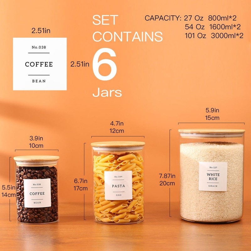 6-Pack Borosilicate Glass Storage Jars with Bamboo Lids + 132