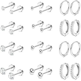 POATOW 12 Pairs Stud Hoop Earring Goldrn Plated Stainless Steel Earring Sets for Multiple Piercing Small Threadless Flat Back Earrings Cartilage Hoop Earrings (Silver)