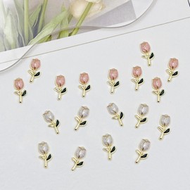 Yuzhiye Flower Nail Parts, Tulips, Set of 30, Pink, White, 3D, Flower Parts, Gold, Large, Cute, Nail Art, Jewelry, Deco Parts