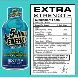 5-hour ENERGY Shots Extra Strength, Blue Raspberry Flavor, 30 Count, 1.93 Fl Oz, Sugar Free, Zero Calories, Amino Acids and Essential B Vitamins, Dietary Supplement, Feel Alert and Energized, 230 mg Caffeine