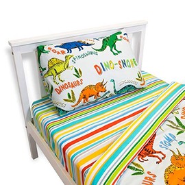 Happy Linen Company Girls Boys Kids Dinosaur Park Jurassic T-Rex Dino Stripes Double Fitted Sheet Bedding