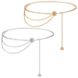 Sasylvia 2 Pcs Women Multilayer Metal Waist Chain Belt Long Tassel Body Belly Chain Adjustable Waist Chain Jewelry for Women Jeans Dress, Gold, Silver (52 Inch)