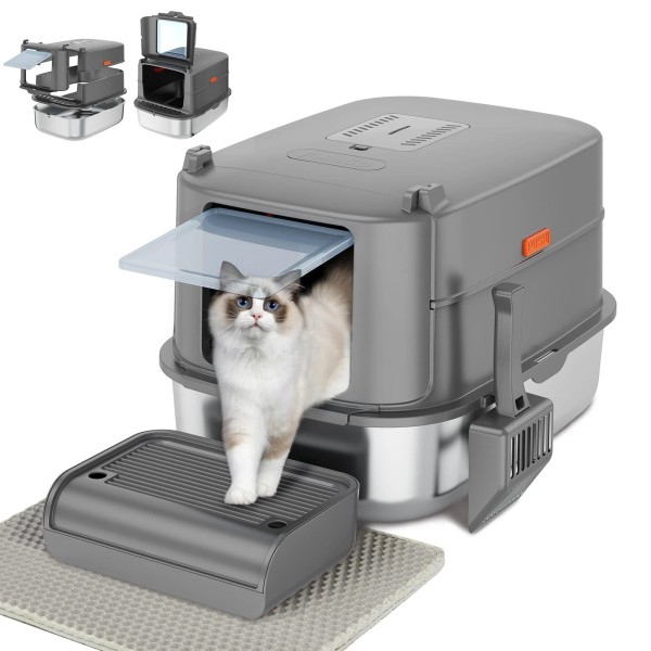 FUEIRYOG Enclosed Stainless Steel Litter Box with Lid for Big