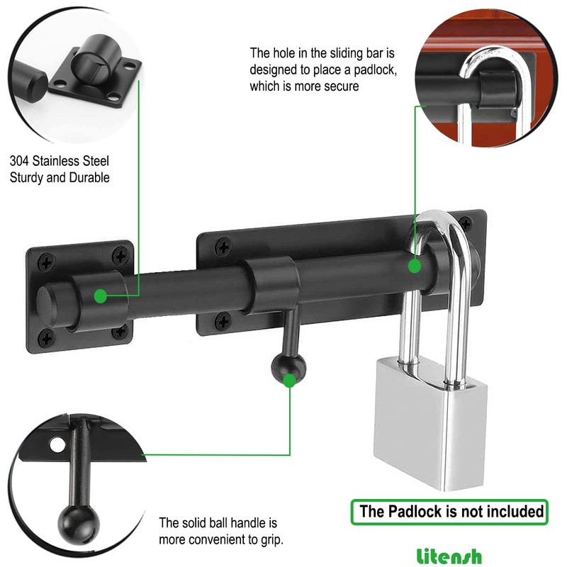 Litensh 160 Lockable Door Bolt Bolt with Padlock Hole, 304