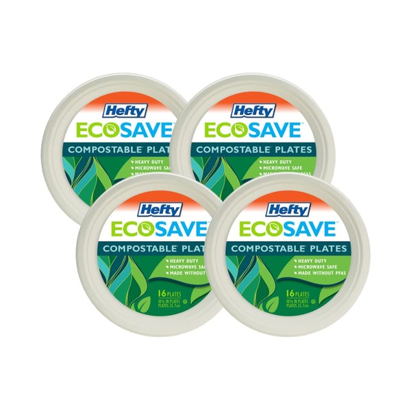 Hefty EcoSave Disposable Plates, Made from Plant Based Materials, Heavy Duty Paper Plates, 10 ⅛ Inch Disposable Plates (16 Count, Pack of 4)