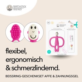 Matchstick Monkey Teething Set - Teether + Organic Teething Gel Strawberry Banana - Natural Teething Aid for Babies from 3 Months, Vegan, Cruelty Free, BPA Free (Monkey Pink + Teething Gel)