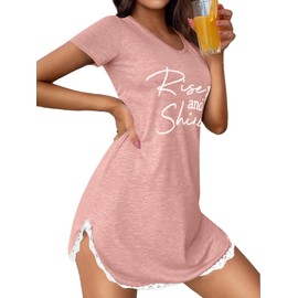 Rooscier Women's V Neck Sleepwear Lace Trim Letter Print Short Sleeve Sexy Nightdress Pink Large