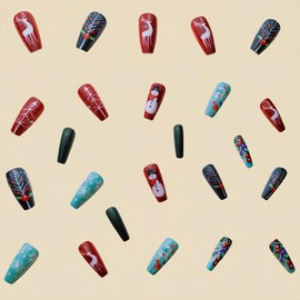Christmas Press on Nails Medium Coffin Fake Nails Winter Glossy Acrylic Nails Christmas Tree Stick on Nails with Snowman Deer Designs Xmas False Nails Reusable Glue on Nails for Women 24Pcs