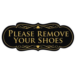 All Quality Designer Please Remove Your Shoes Wall or Door Sign - No Shoes Signage | Easy Installation - Black/Gold - Medium (1 Pack)