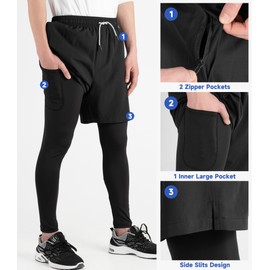 TLAENSON Boys Athletic Shorts with Leggings Kids 2 in 1 Sports Compression Pants with Zipper Pockets Black 6-7 Years/Size 130