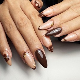 Medium Almond Press on Nails Fall Fake Nails with Brown Flowers and Gold Pearl Design Full Cover Stick on Nails for Women Manicure Decor 24 Pcs (Brown-26, M-26)