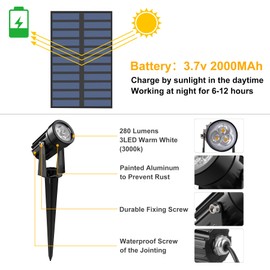 CREPOW Solar Spot Lights Outdoor, Solar Landscape Spotlights IP65 Waterproof 9.8ft Cable,Auto On/Off Outdoor Wall Lights for Garden Yard Driveway Porch Walkway Pool (3000K Warm White)