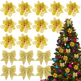 BOFUNX 12Pcs Poinsettia Artificial Flowers + 6Pcs Christmas Bows Artificial Glitter Hollow Christmas Flowers Large for Christmas Tree Christmas Party Decoration (Gold)