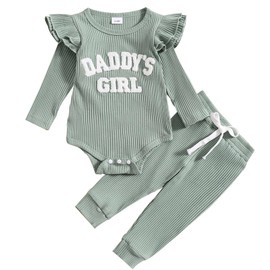 JiAmy Toddler Girls Outifts, Newborn Clothes Set Daddy's Girl Ruffle Short Sleeve Embroidered Bodysuit and Pants 2pcs Sets, 9-12 Months Green