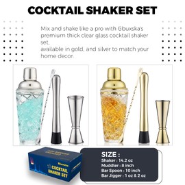 Gbuxska Martini Shaker Set, 14.2 Oz Glass Martini Shaker with Strainer- Includes Measuring Jigger, Mixing Spoon, and Muddler - Perfect for Making Cocktails and Protein Shakes,(Silver)